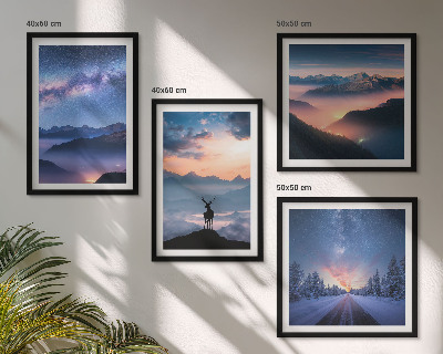 Polyptyque z cadres Ciel nocturne montagnes brouillard cerf