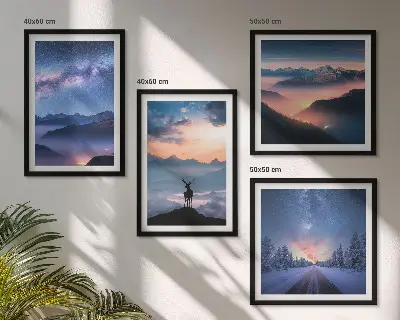 Tableau polyptyque 2 cadres représentant un ciel nocturne sur des montagnes dans le brouillard avec un cerf