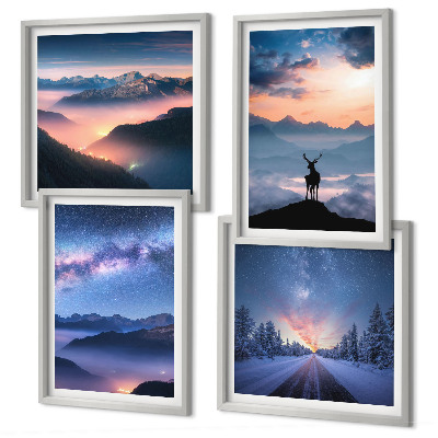 Polyptyque z cadres Ciel nocturne montagnes brouillard cerf