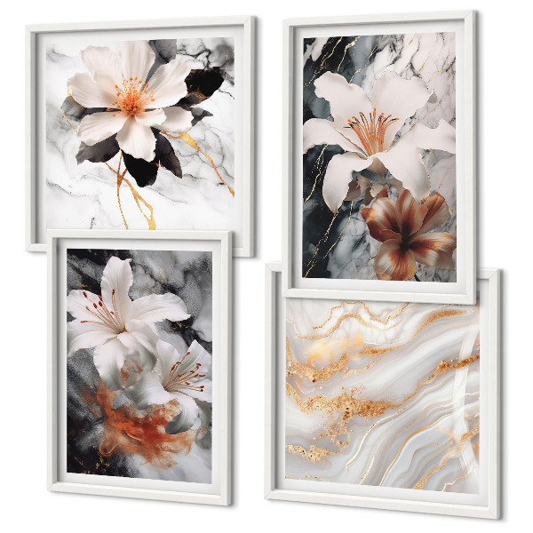 Ensemble de 4 tableaux Fleurs marbre blanc noir