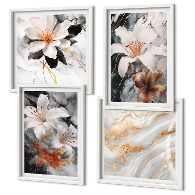 Ensemble de 4 tableaux Fleurs marbre blanc noir