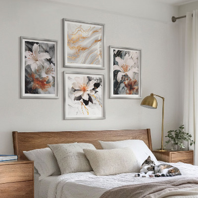 Ensemble de 4 tableaux Fleurs marbre blanc noir