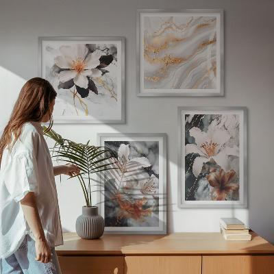 Ensemble de 4 tableaux Fleurs marbre blanc noir
