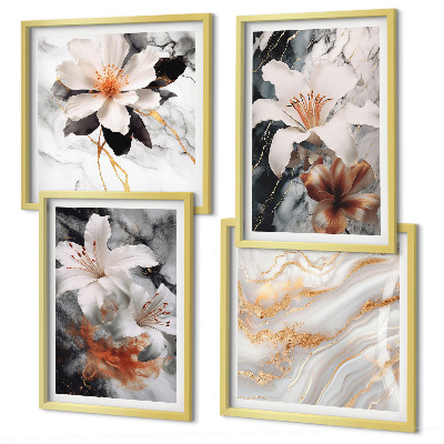 Ensemble de 4 tableaux Fleurs marbre blanc noir