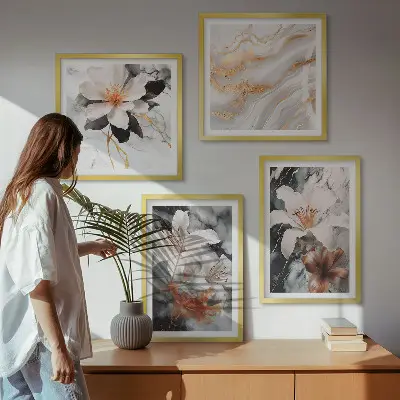 Ensemble de 4 tableaux fleurs motif marbre blanc et noir
