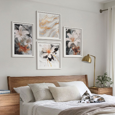 Ensemble de 4 tableaux Fleurs marbre blanc noir
