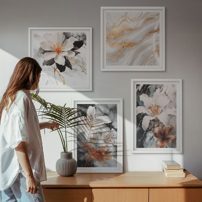 Ensemble de 4 tableaux Fleurs marbre blanc noir