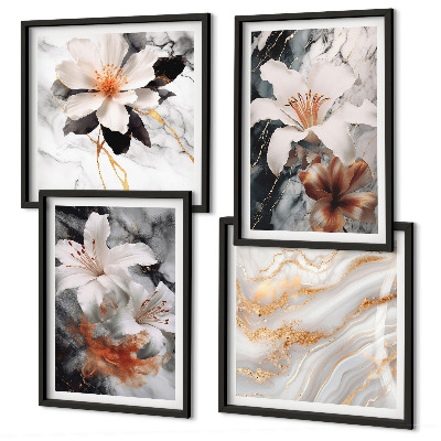 Ensemble de 4 tableaux Fleurs marbre blanc noir