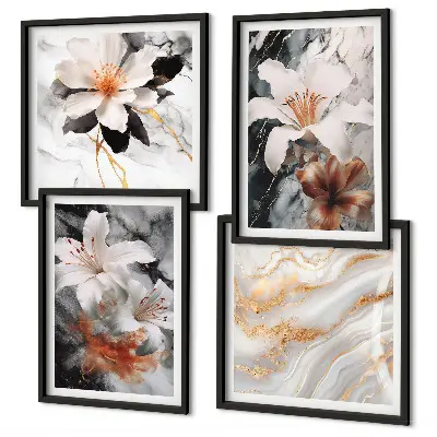 Ensemble de 4 tableaux fleurs motif marbre blanc et noir