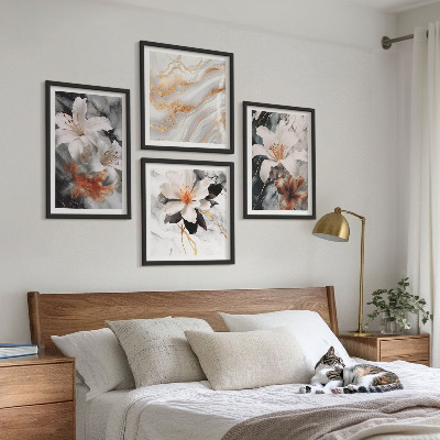 Ensemble de 4 tableaux Fleurs marbre blanc noir