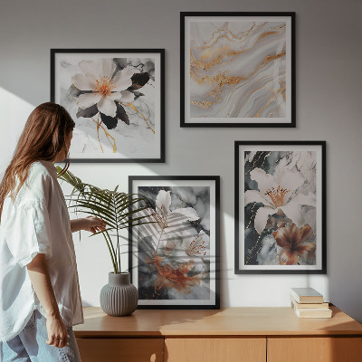 Ensemble de 4 tableaux Fleurs marbre blanc noir