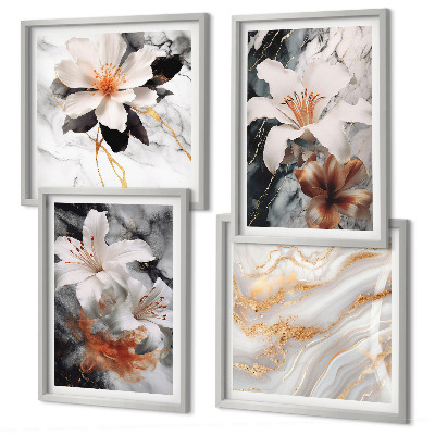 Ensemble de 4 tableaux Fleurs marbre blanc noir