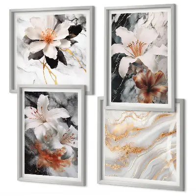 Ensemble de 4 tableaux fleurs motif marbre blanc et noir