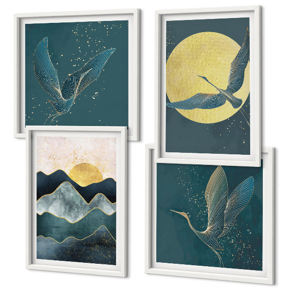 Ensemble de 4 tableaux Oiseaux grues lune montagnes