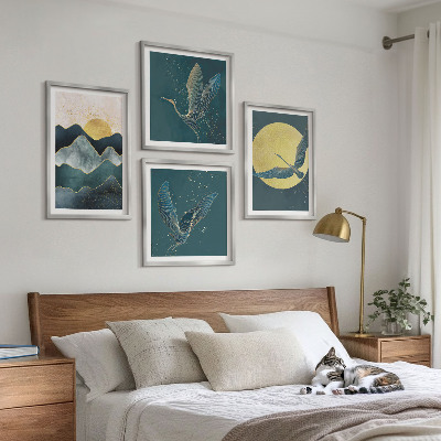 Ensemble de 4 tableaux Oiseaux grues lune montagnes