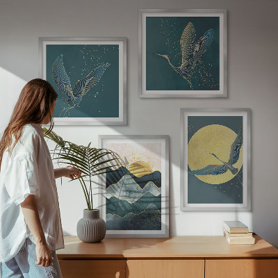 Ensemble de 4 tableaux Oiseaux grues lune montagnes