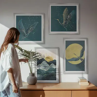 Ensemble de 4 tableaux représentant des grues, la lune et des montagnes