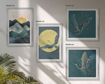 Ensemble de 4 tableaux Oiseaux grues lune montagnes