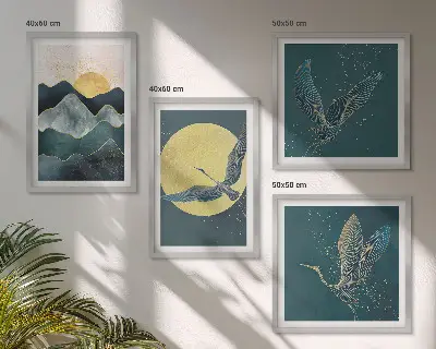 Ensemble de 4 tableaux représentant des grues, la lune et des montagnes