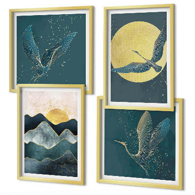 Ensemble de 4 tableaux Oiseaux grues lune montagnes