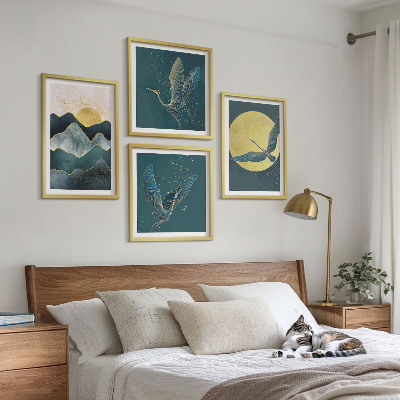 Ensemble de 4 tableaux Oiseaux grues lune montagnes
