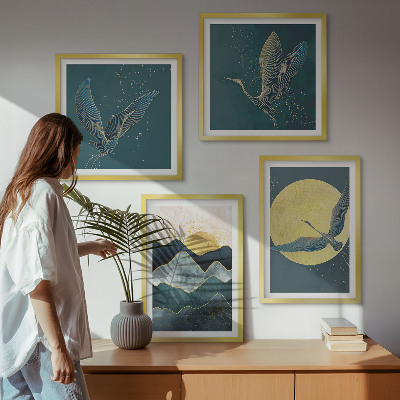 Ensemble de 4 tableaux Oiseaux grues lune montagnes