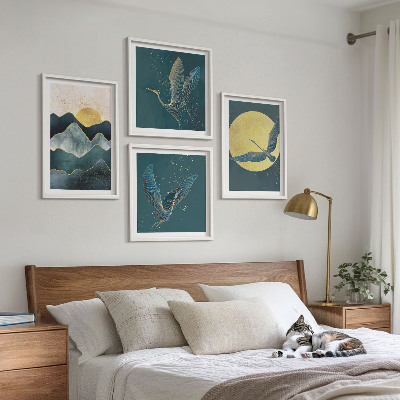 Ensemble de 4 tableaux Oiseaux grues lune montagnes
