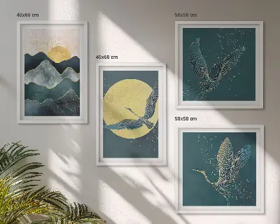 Ensemble de 4 tableaux représentant des grues, la lune et des montagnes