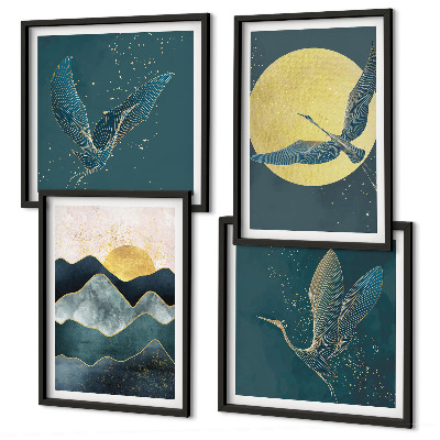 Ensemble de 4 tableaux Oiseaux grues lune montagnes