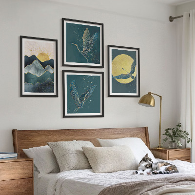 Ensemble de 4 tableaux Oiseaux grues lune montagnes