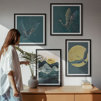 Ensemble de 4 tableaux Oiseaux grues lune montagnes