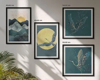 Ensemble de 4 tableaux représentant des grues, la lune et des montagnes
