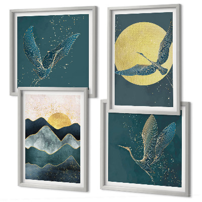 Ensemble de 4 tableaux Oiseaux grues lune montagnes
