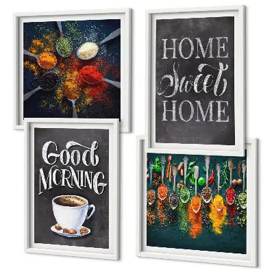 Tableau polyptyque de 4 cadres représentant des épices, du café, une tasse et des herbes