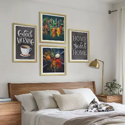 Tableau polyptyque de 4 cadres représentant des épices, du café, une tasse et des herbes