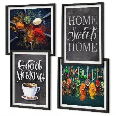 Tableau polyptyque de 4 cadres représentant des épices, du café, une tasse et des herbes