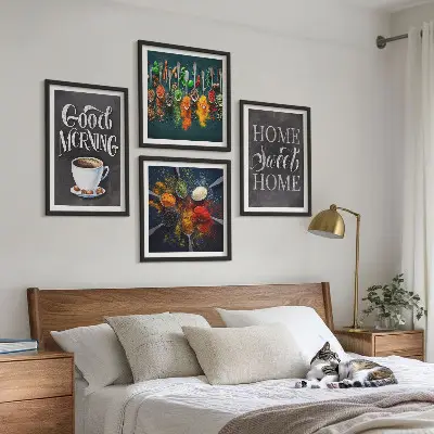 Tableau polyptyque de 4 cadres représentant des épices, du café, une tasse et des herbes