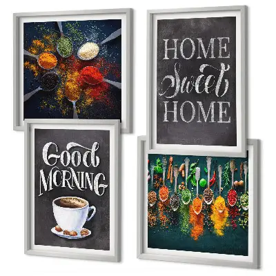 Tableau polyptyque de 4 cadres représentant des épices, du café, une tasse et des herbes