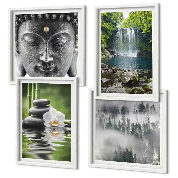 Polyptyque de 5 cadres harmonie de la nature avec pierres, eau et bouddha