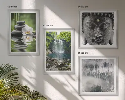 Polyptyque de 5 cadres harmonie de la nature avec pierres, eau et bouddha