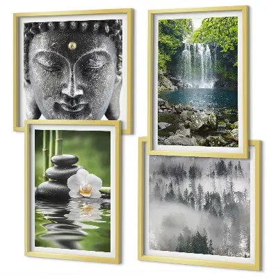 Polyptyque de 5 cadres harmonie de la nature avec pierres, eau et bouddha