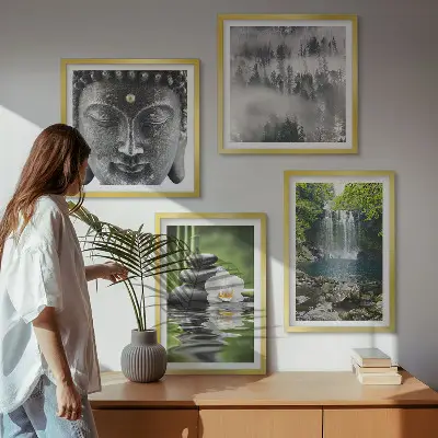 Polyptyque de 5 cadres harmonie de la nature avec pierres, eau et bouddha