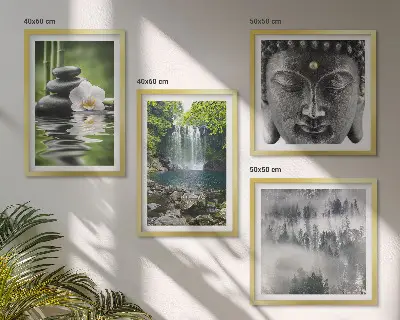 Polyptyque de 5 cadres harmonie de la nature avec pierres, eau et bouddha
