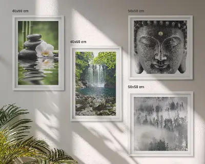 Polyptyque de 5 cadres harmonie de la nature avec pierres, eau et bouddha
