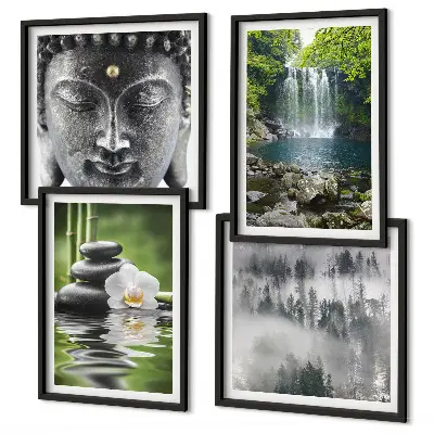 Polyptyque de 5 cadres harmonie de la nature avec pierres, eau et bouddha