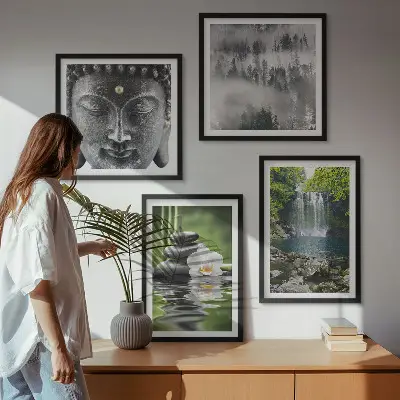 Polyptyque de 5 cadres harmonie de la nature avec pierres, eau et bouddha