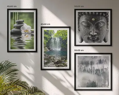 Polyptyque de 5 cadres harmonie de la nature avec pierres, eau et bouddha