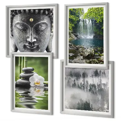 Polyptyque de 5 cadres harmonie de la nature avec pierres, eau et bouddha