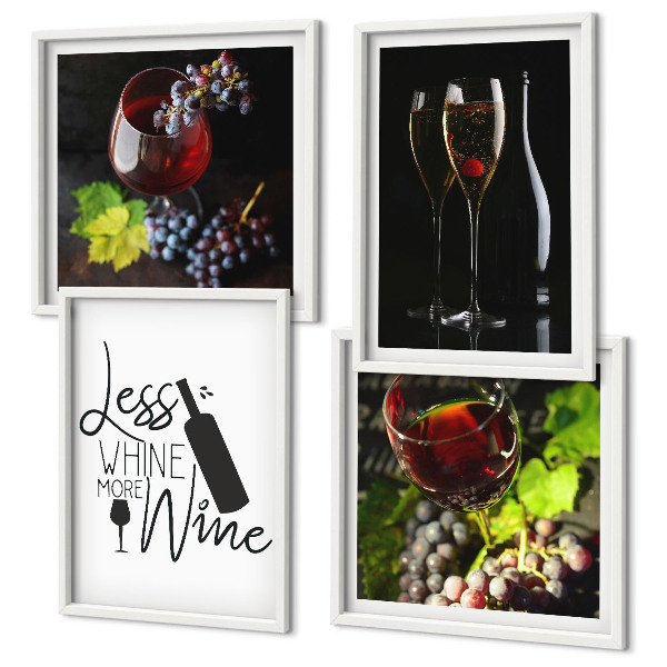 Ensemble de 4 tableaux Verres à vin avec raisins et inscription