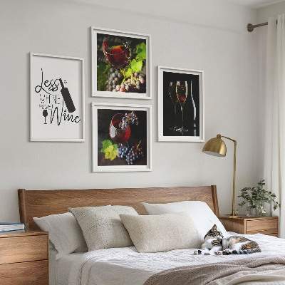 Ensemble de 4 tableaux Verres à vin avec raisins et inscription